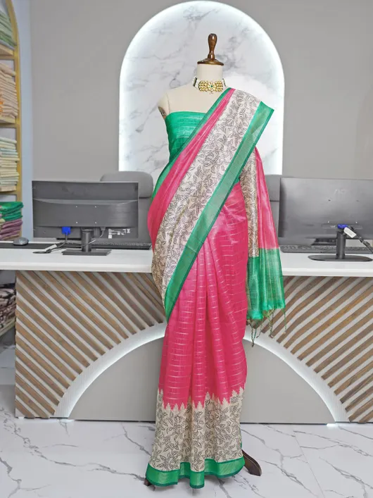 Elegant Semi Tussar Silk Saree with Artistic Prints & Trendy Checks – Includes Printed Blouse with Tassels